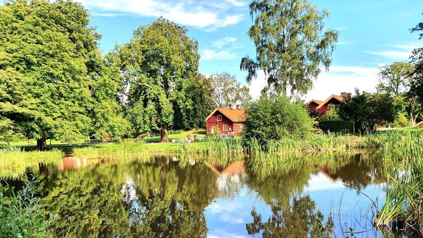 A serene lakeside setting with a red cabin, lush greenery, and a clear reflection in the water.