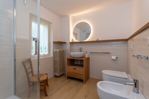 Shower, hair dryer, bidet, towels