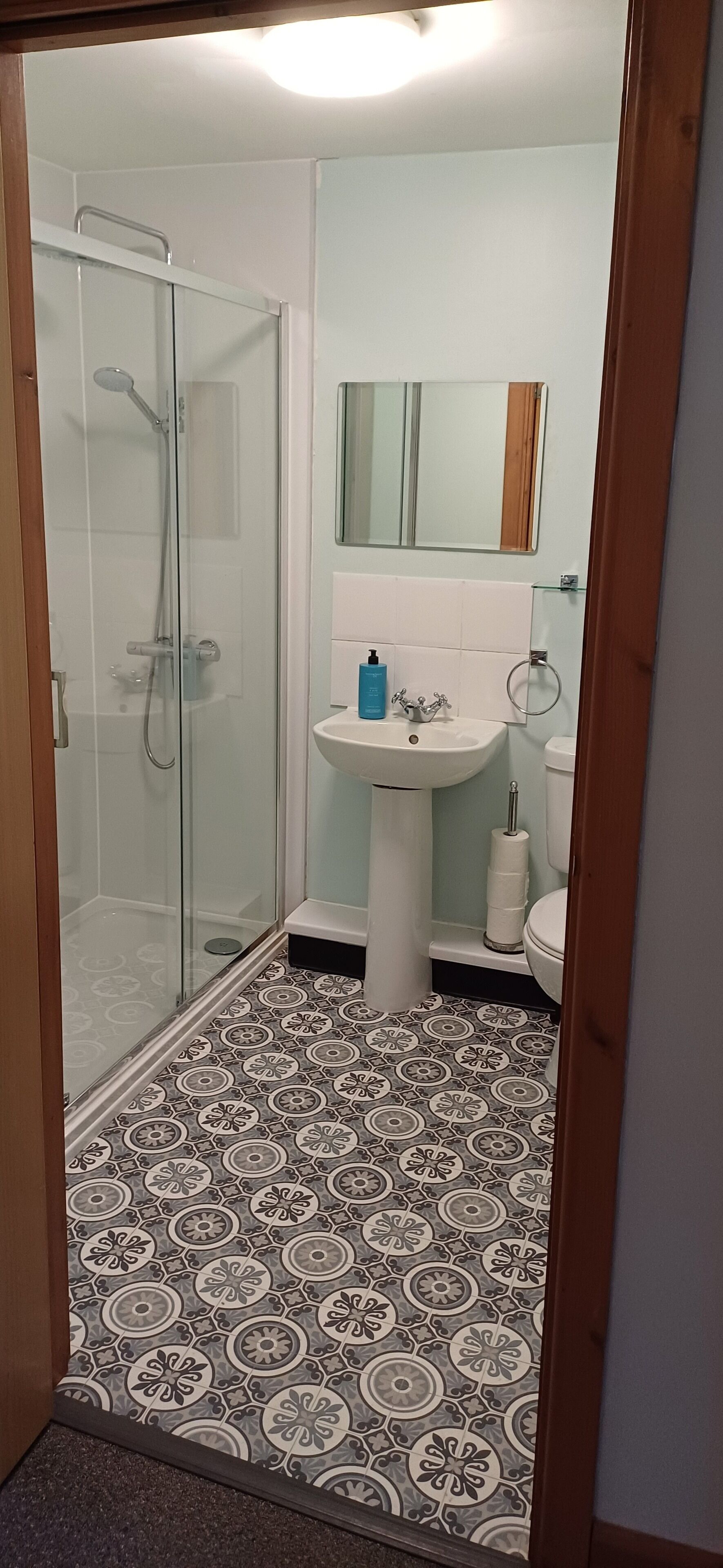Ein Badezimmer mit Duschkabine, Standwaschbecken und Toilette.