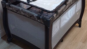 Um sofá-cama conversível com base em tela, rodízios e capa protetora.