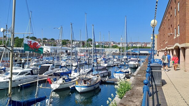 Marina com vários barcos atracados, uma bandeira e um edifício com área externa para sentar.