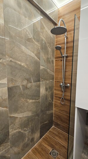 Shower, hair dryer, towels, toilet paper