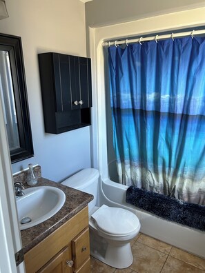 Bathroom features a sink, toilet, and bathtub, along with a mirror and storage above the sink.