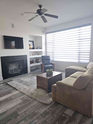 TV, fireplace