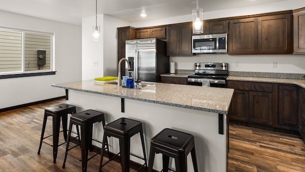 A modern kitchen with granite countertops, stainless steel appliances, and dark wooden cabinets. - Fireside Retreat (Belgrade)