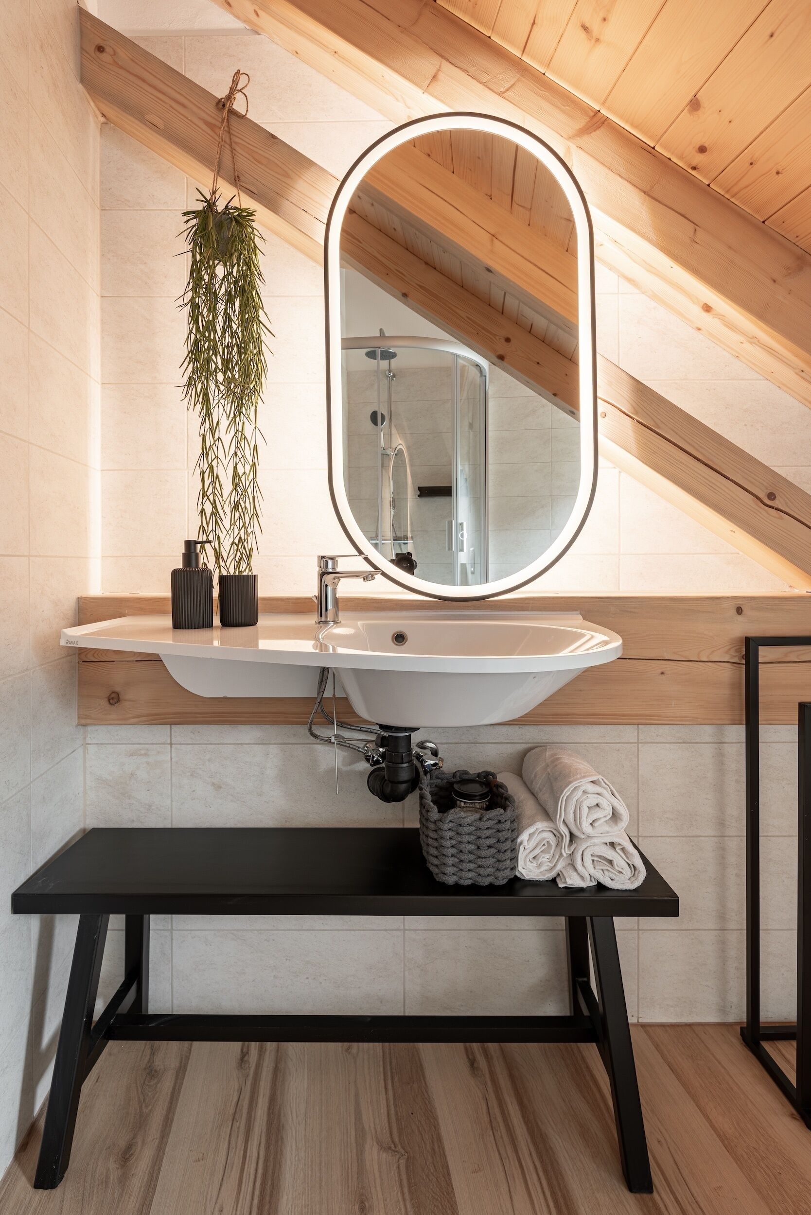Ein modernes Badezimmer mit einem weißen Waschbecken, einer schwarzen Arbeitsplatte und einem Spiegel mit Beleuchtung. Eine hängende Pflanze und ein Handtuchhalter sind ebenfalls vorhanden.