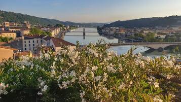 Paisagem urbana às margens do rio, com uma ponte imponente, vegetação exuberante e edifícios históricos.
