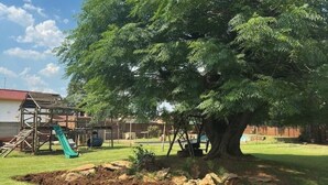 Un parque infantil con tobogán y columpios bajo un árbol grande.