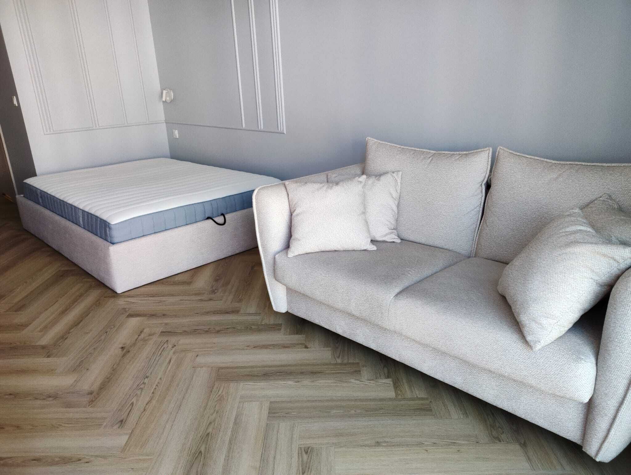 A room with a sofa and a mattress.