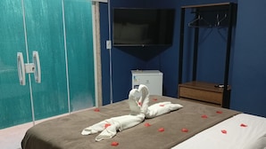 A hotel room with a bed, a TV, a wardrobe, and an air conditioner. - Pousada Menino do Rio (Buzios)