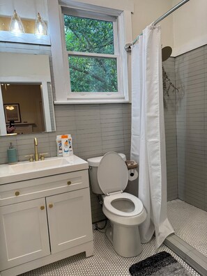 Hair dryer, towels, soap, shampoo