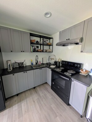 Kjøleskap, kokeplater, kaffetrakter/tekoker og kjøkkenutstyr