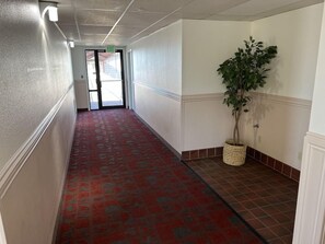 Un pasillo con alfombra roja, una planta en maceta y una puerta con señal de salida.