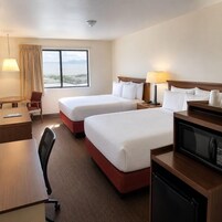 Habitación de hotel con dos camas, un escritorio, una silla, un televisor y una ventana con vistas.