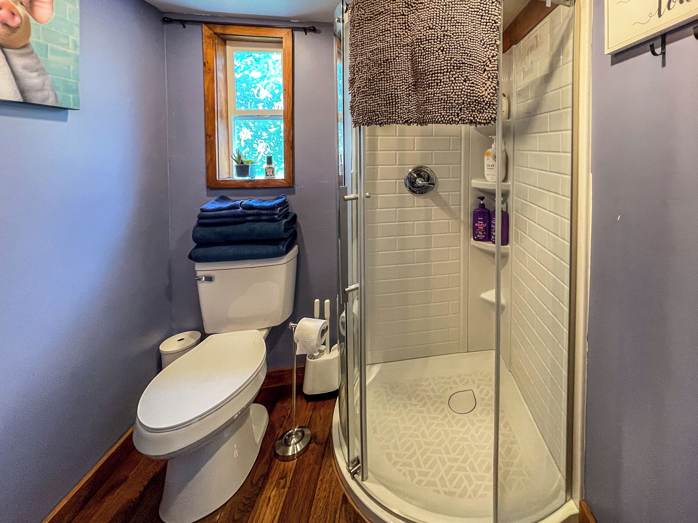 Une salle de bain avec des toilettes, un espace douche et une fenêtre.