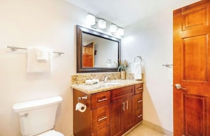 Hair dryer, towels, soap, toilet paper
