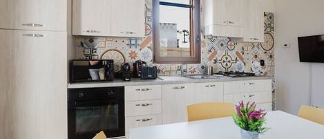 Fridge, microwave, oven, electric kettle