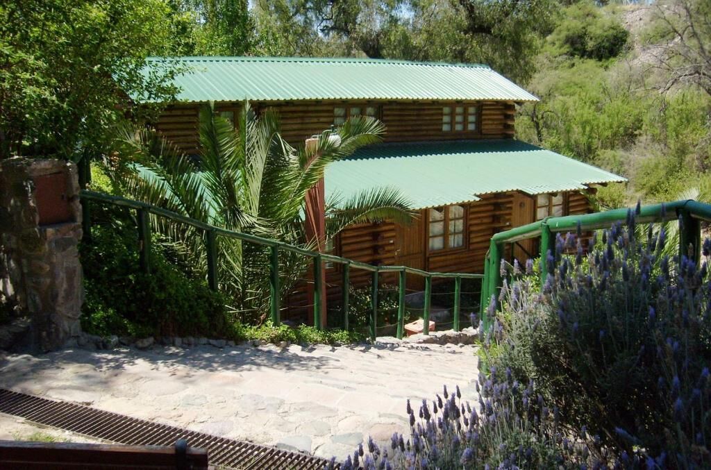 A wooden cabin with a green roof, surrounded by lush greenery and a stone pathway leading to the entrance.