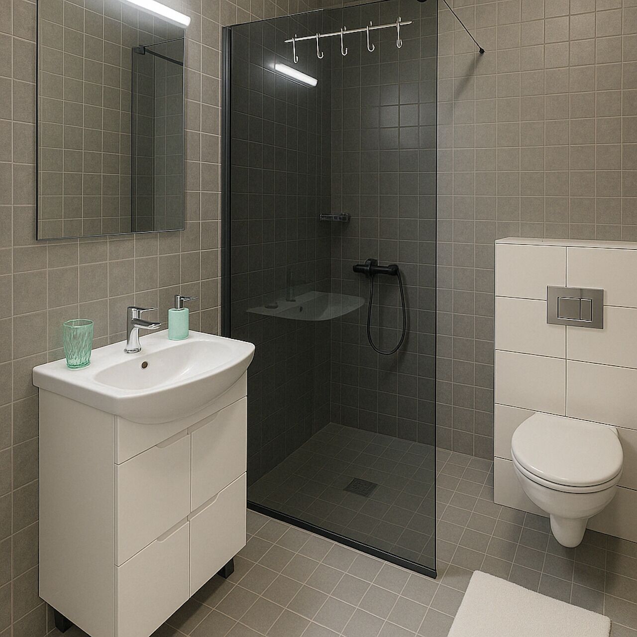 Un baño moderno con ducha envuelta en vidrio, un lavamanos blanco con un vaso y un inodoro.