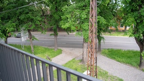 A view from a balcony overlooking a street lined with trees and a parked car. - Cosy apartment close to the center, parking &WiFi (Subotica)