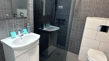 Chuveiro, secador de cabelo, toalhas de banho, sabonete