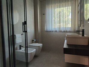 Shower, hair dryer, bidet, towels
