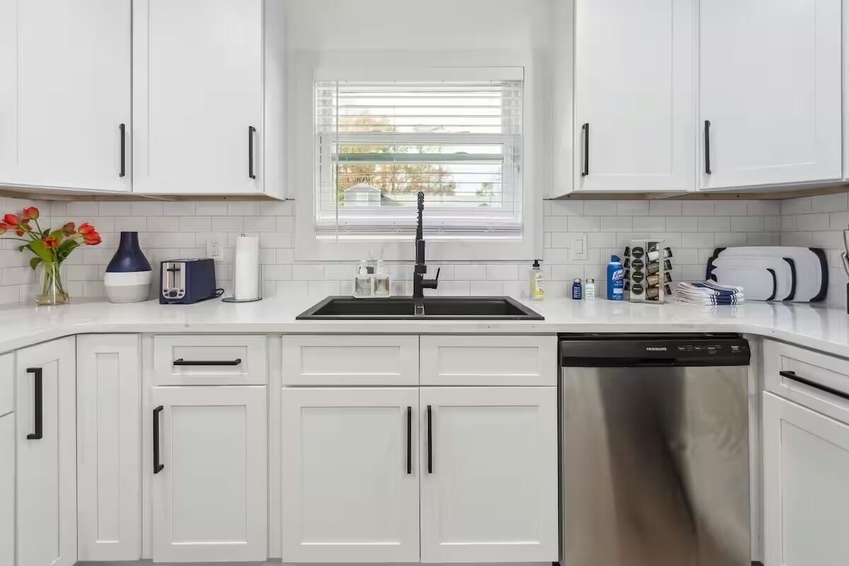 A modern kitchen with white cabinets, a stainless steel dishwasher, and a window with blinds.
