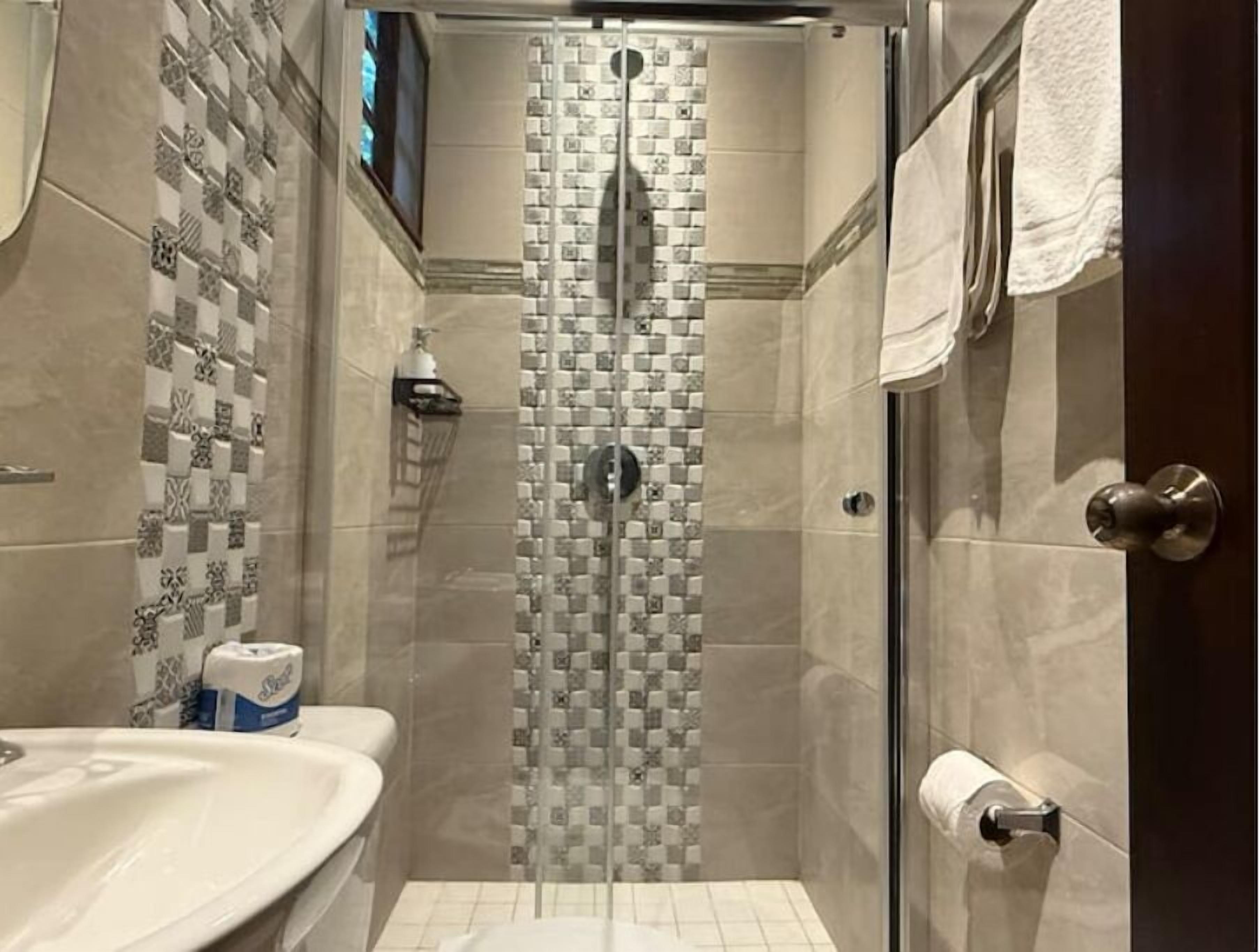 Secadora de cabello, toallas, jabón, papel de baño 
