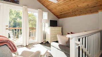 TV, fireplace, books, offices