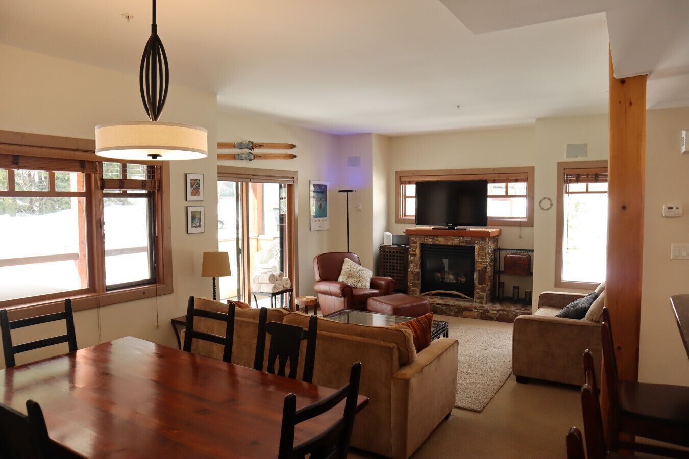 TV, fireplace, books