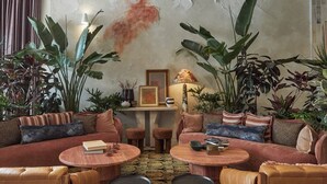 Una sala de estar acogedora con un conjunto de sofás, dos mesas auxiliares y una variedad de plantas en macetas.