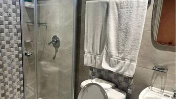 A bathroom with a glass shower enclosure, a toilet, and a sink.