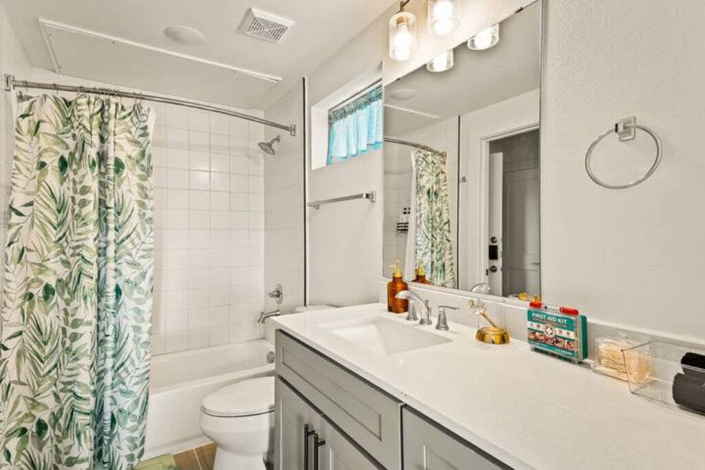 Hair dryer, towels, soap, shampoo