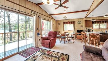 Smart TV, fireplace, books