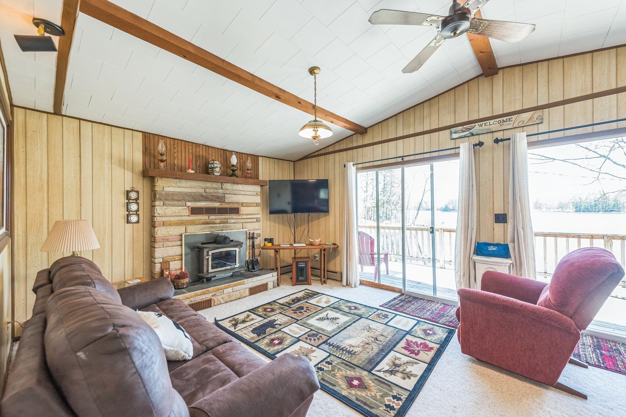 Smart TV, fireplace, books