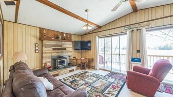 Smart TV, fireplace, books