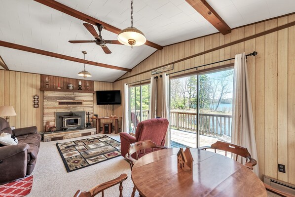 Smart TV, chimenea, libros