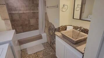 Hair dryer, towels, soap, toilet paper