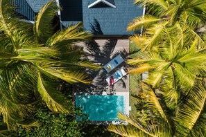 Una piscina en la azotea rodeada de palmeras, con una vista despejada del cielo y un edificio al fondo.
