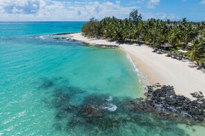 A beach with clear turquoise water, a sandy shore, and a row of palm trees. - Villa Itzaga by muse villas (Belle Mare)