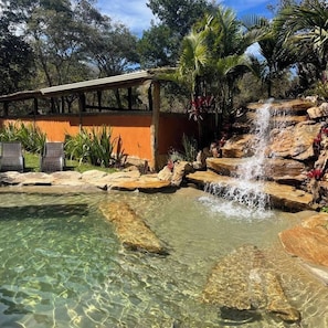 Piscina cristalina con cascada, rodeada de rocas y plantas tropicales.
