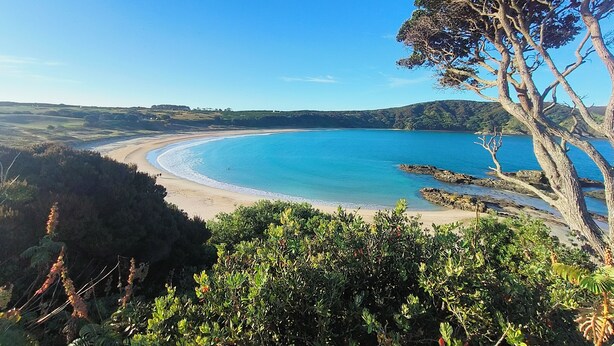 A coastal landscape with a clear view of a sandy beach and a calm blue sea.