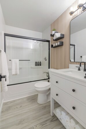 Hair dryer, towels, soap, toilet paper