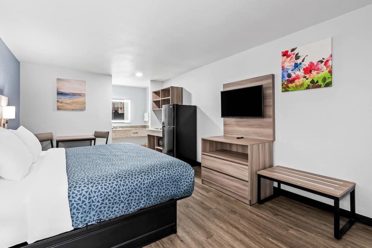 A modern hotel room with a bed, a desk, a refrigerator, a bench, and a TV mounted on the wall.
