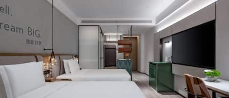 A modern hotel room with two beds, a TV, a desk, and a dining area.