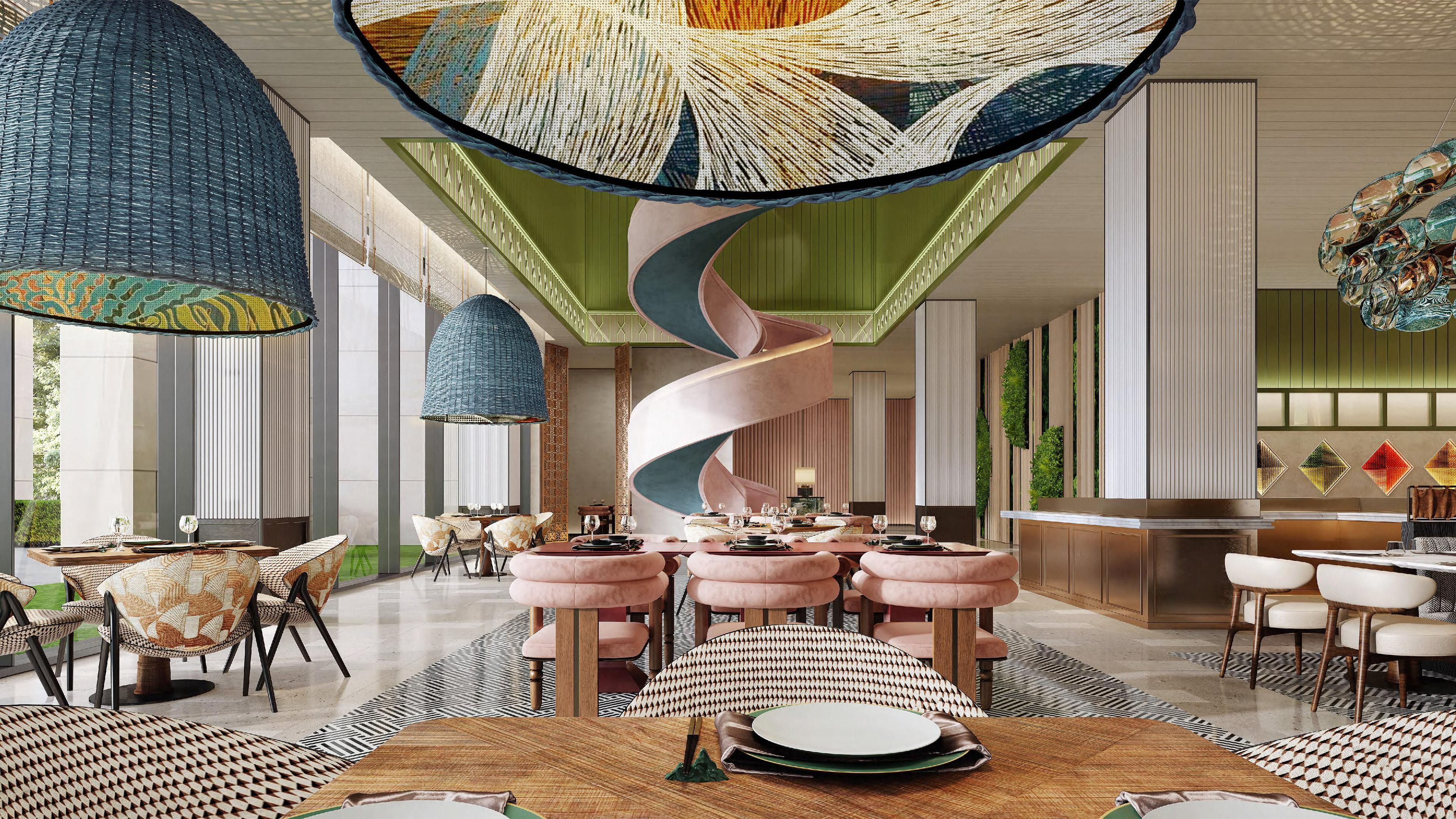 Un'elegante sala da pranzo moderna con una scala a chiocciola centrale, soffitti alti e arredi contemporanei.