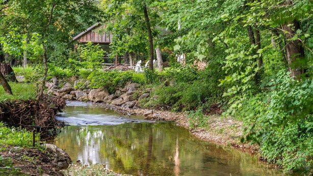 A serene riverside setting with a wooden cabin, lush greenery, and a clear stream. - Stylish Creekside Escape | Pool + Hot Tub (Blue Eye)