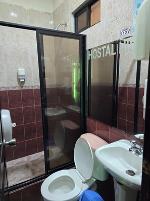 Regadera, toallas, jabón, shampoo 