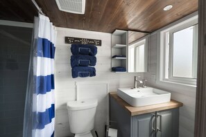 Hair dryer, towels, shampoo, toilet paper