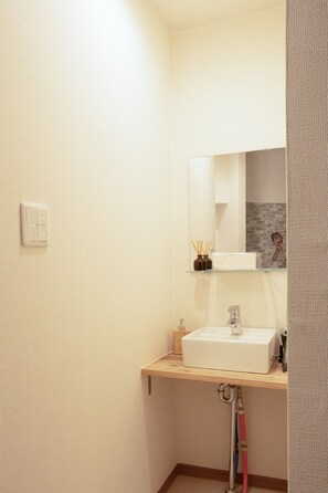 Hair dryer, towels, soap, toilet paper